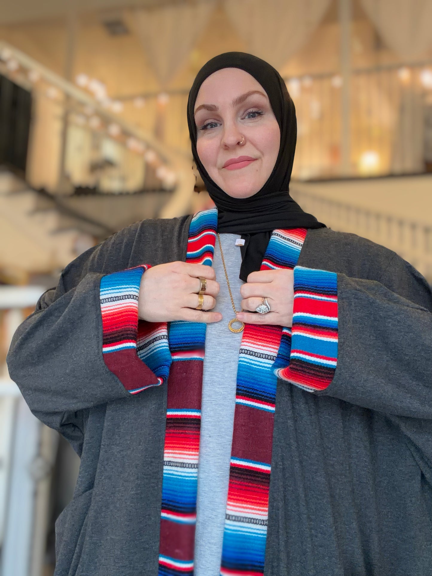 Guadalupe Pocket Charcoal Abaya – Majestic Serape Blue & Red