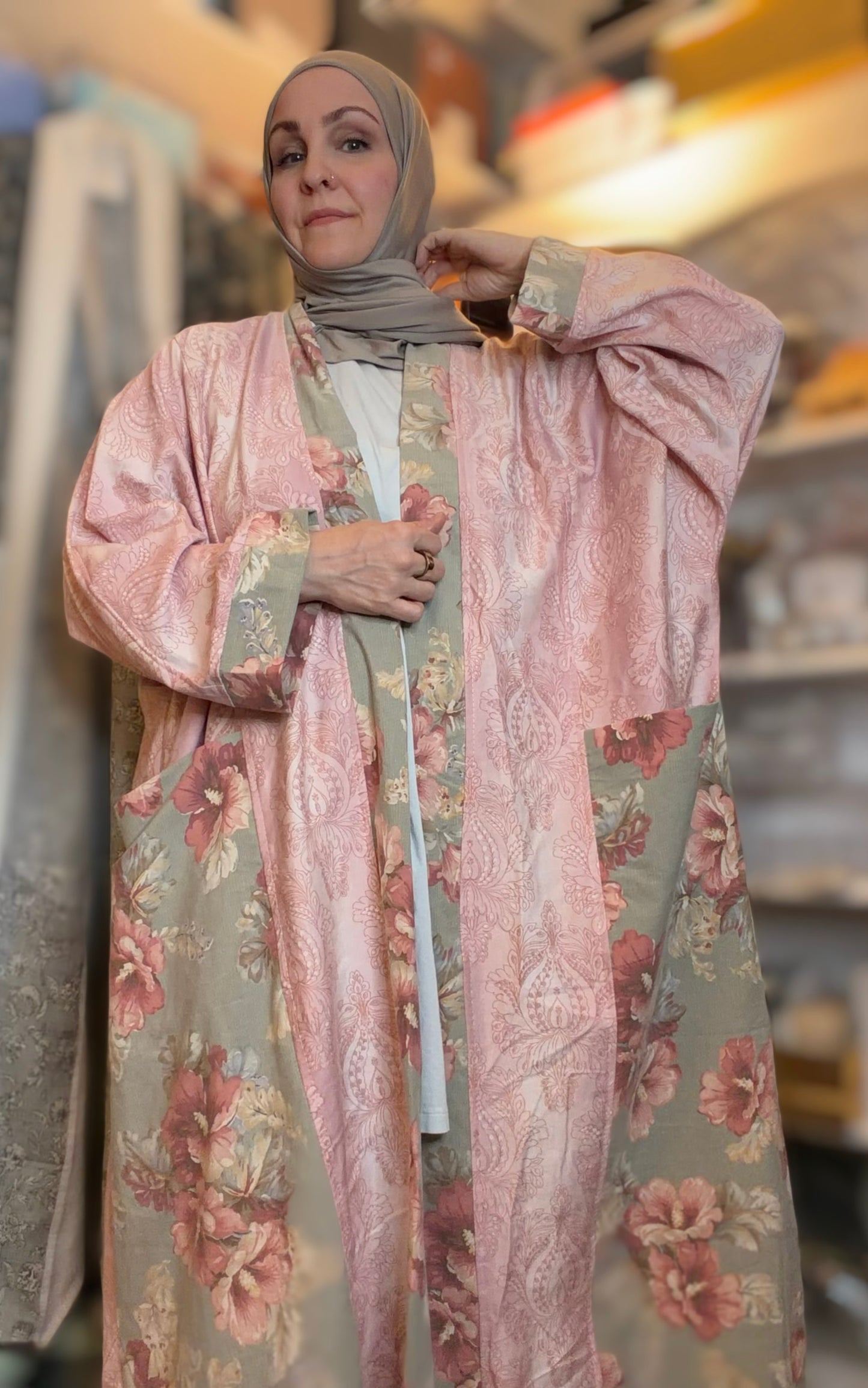 Upcycled Pocket Anorak Abaya — Petite Medallion & Roses