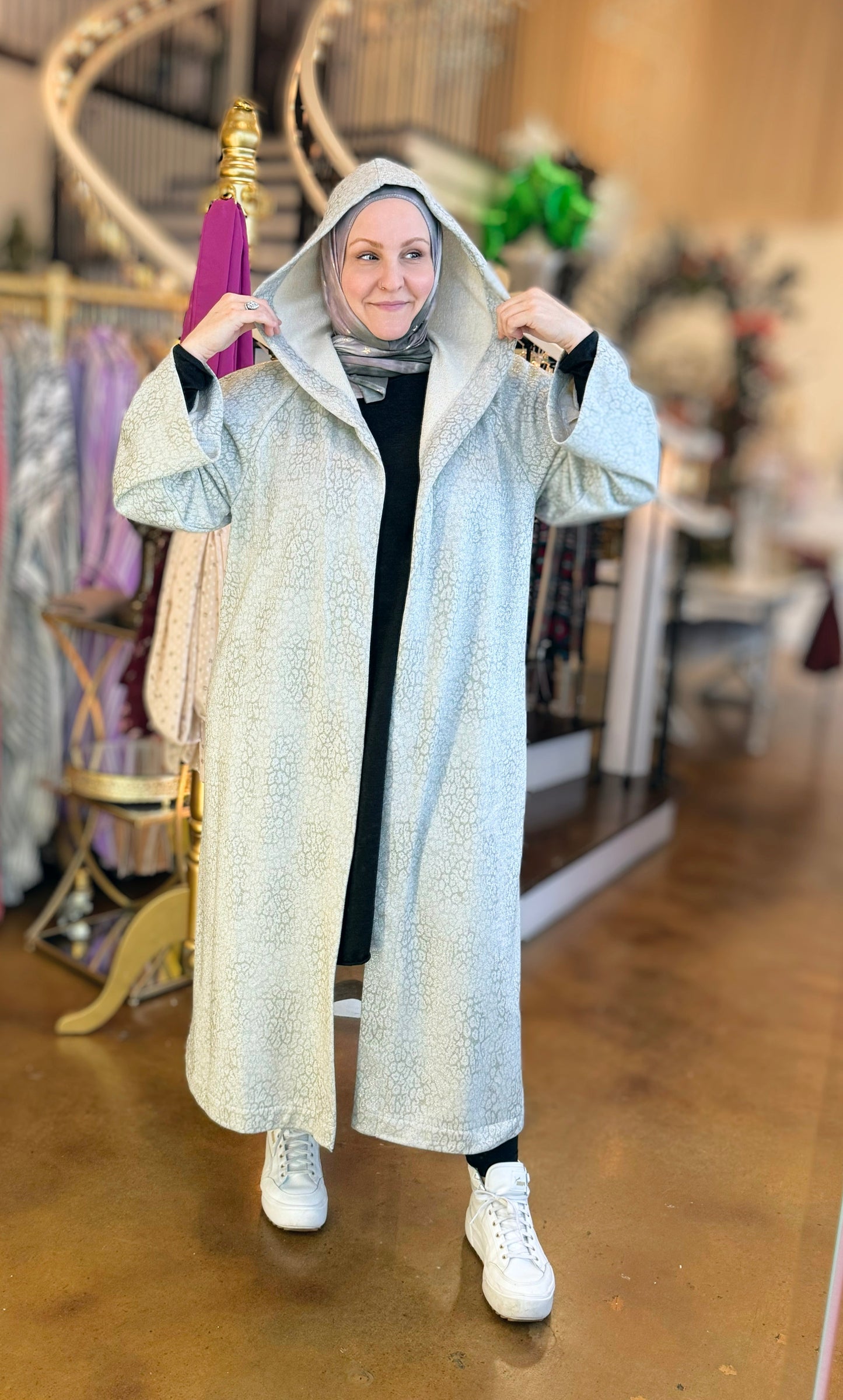 Laila Oversized Hooded Cardigan - Silver Leopard