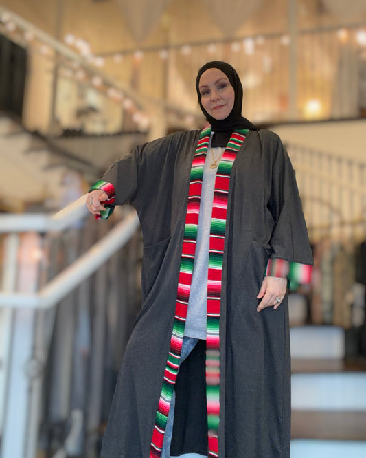 Guadalupe Pocket Charcoal Abaya – Majestic Serape Red & Green