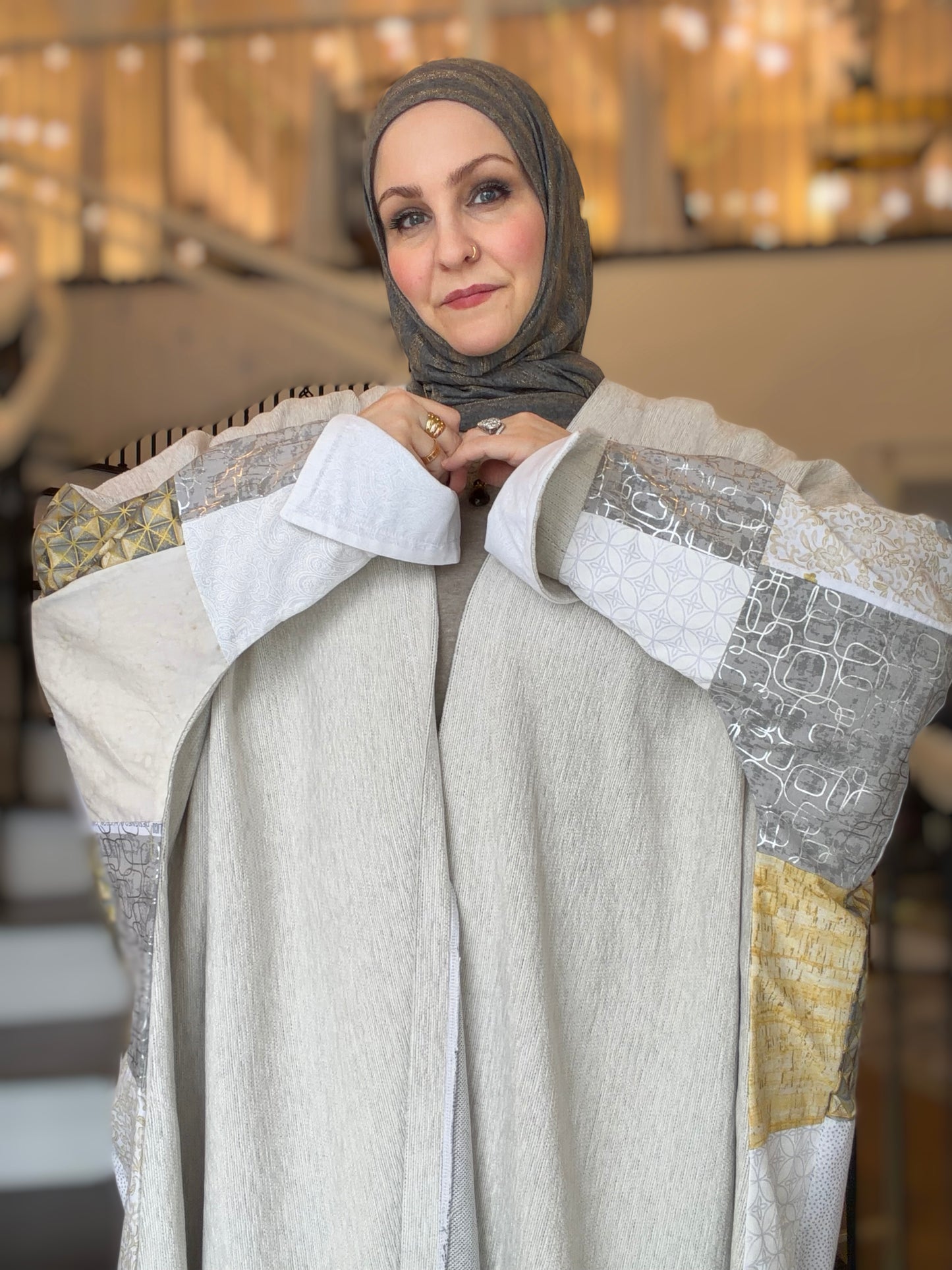 One-of-One | The Power Silhouette Abaya - Cream & Grey Patchwork (Upcycled)