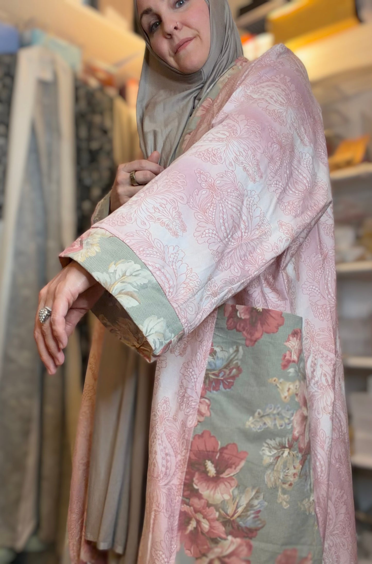 Upcycled Pocket Anorak Abaya — Petite Medallion & Roses