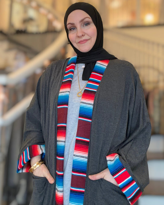 Guadalupe Pocket Charcoal Abaya – Majestic Serape Blue & Red