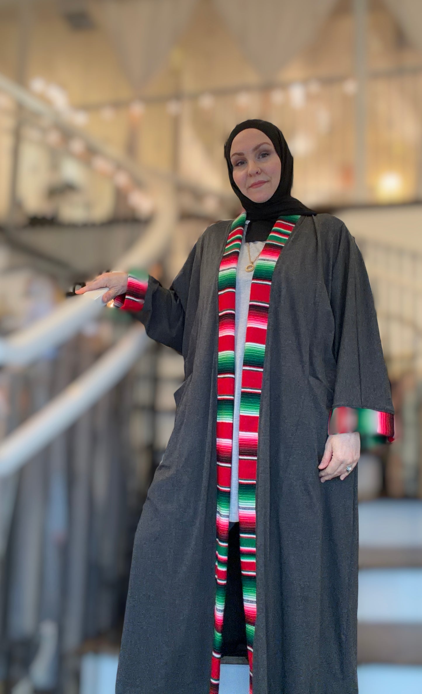 Guadalupe Pocket Charcoal Abaya – Majestic Serape Red & Green