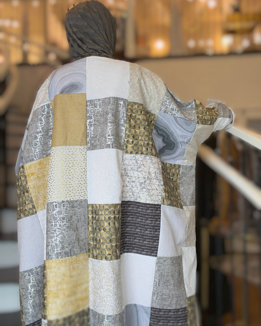 One-of-One | The Power Silhouette Abaya - Cream & Grey Patchwork (Upcycled)