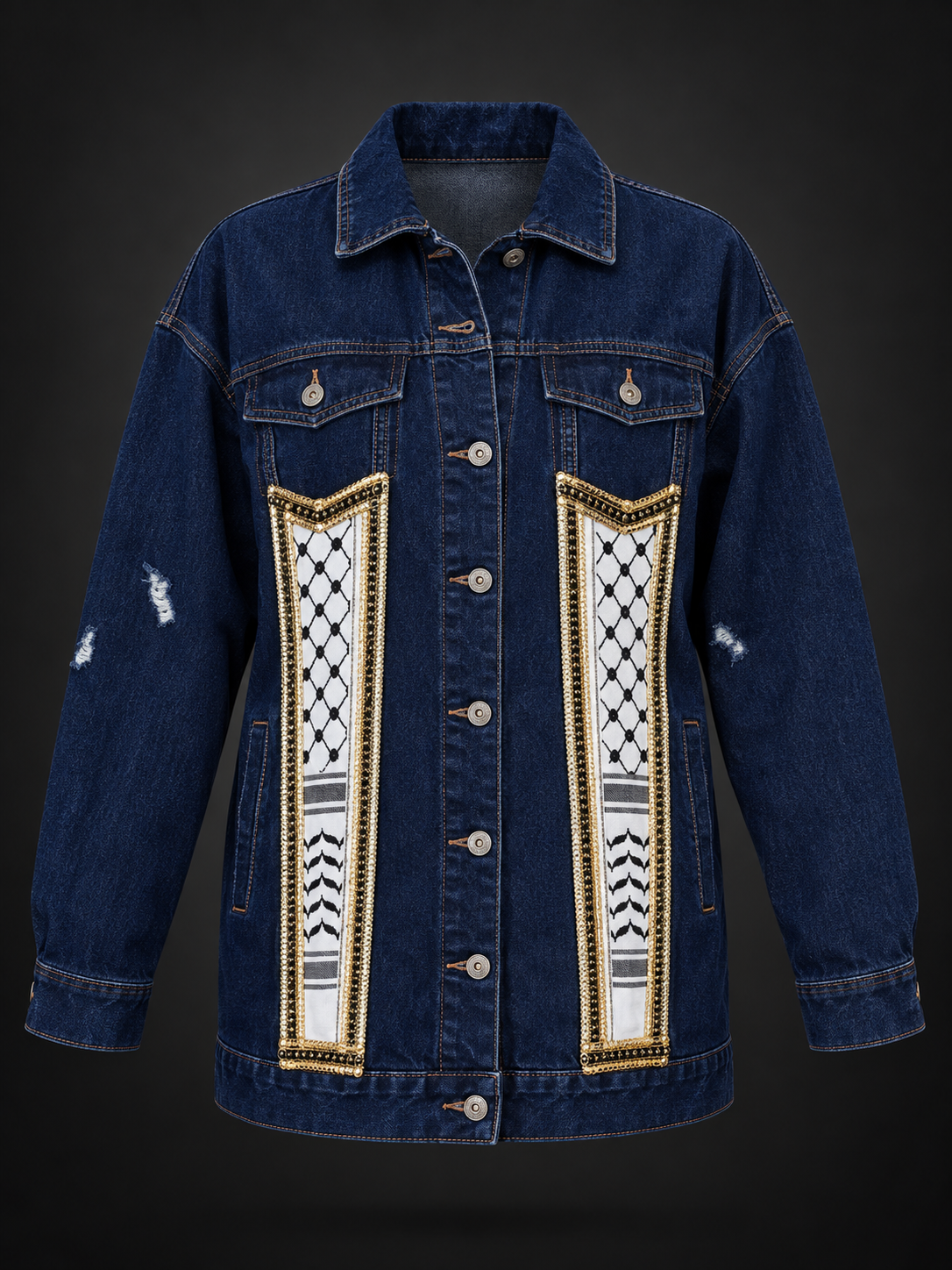 Palestine: Memory & Witness — Dark Wash Denim Kufiya Jacket