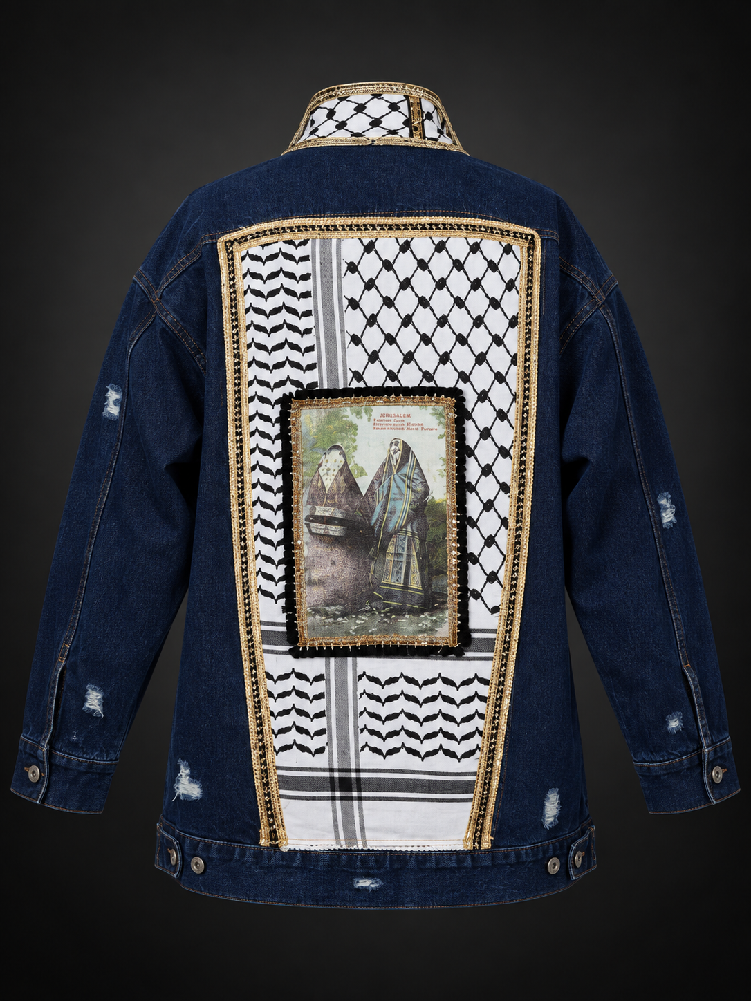 Palestine: Memory & Witness — Dark Wash Denim Kufiya Jacket
