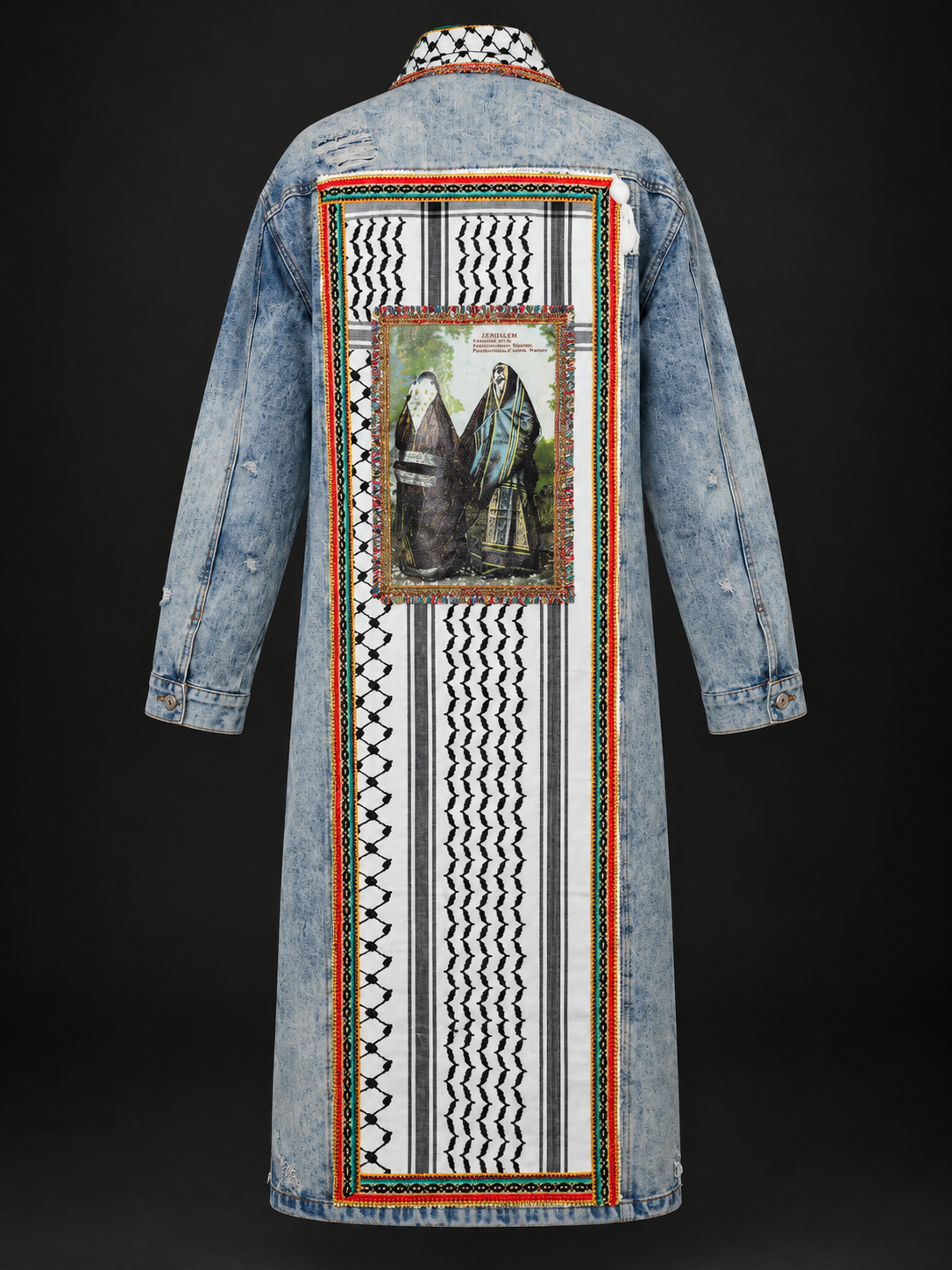Palestine: Memory & Witness — Long Acid Wash Denim Kufiya Jacket