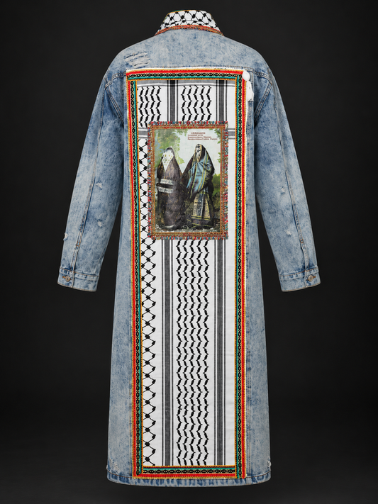 Palestine: Memory & Witness — Long Acid Wash Denim Kufiya Jacket
