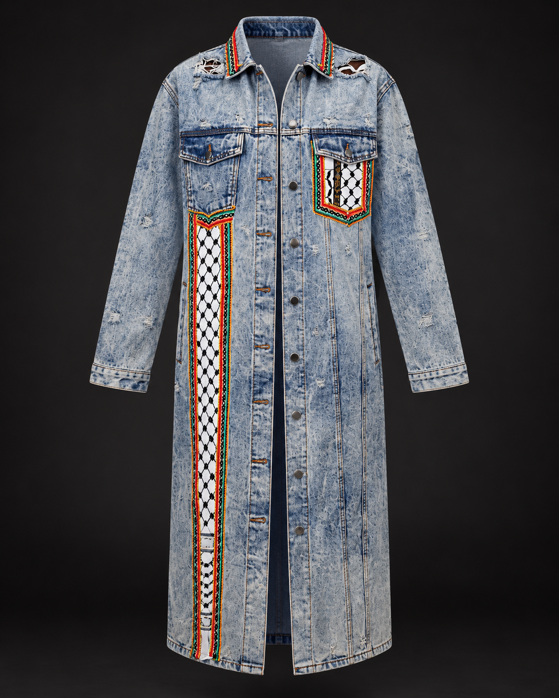 Palestine: Memory & Witness — Long Acid Wash Denim Kufiya Jacket