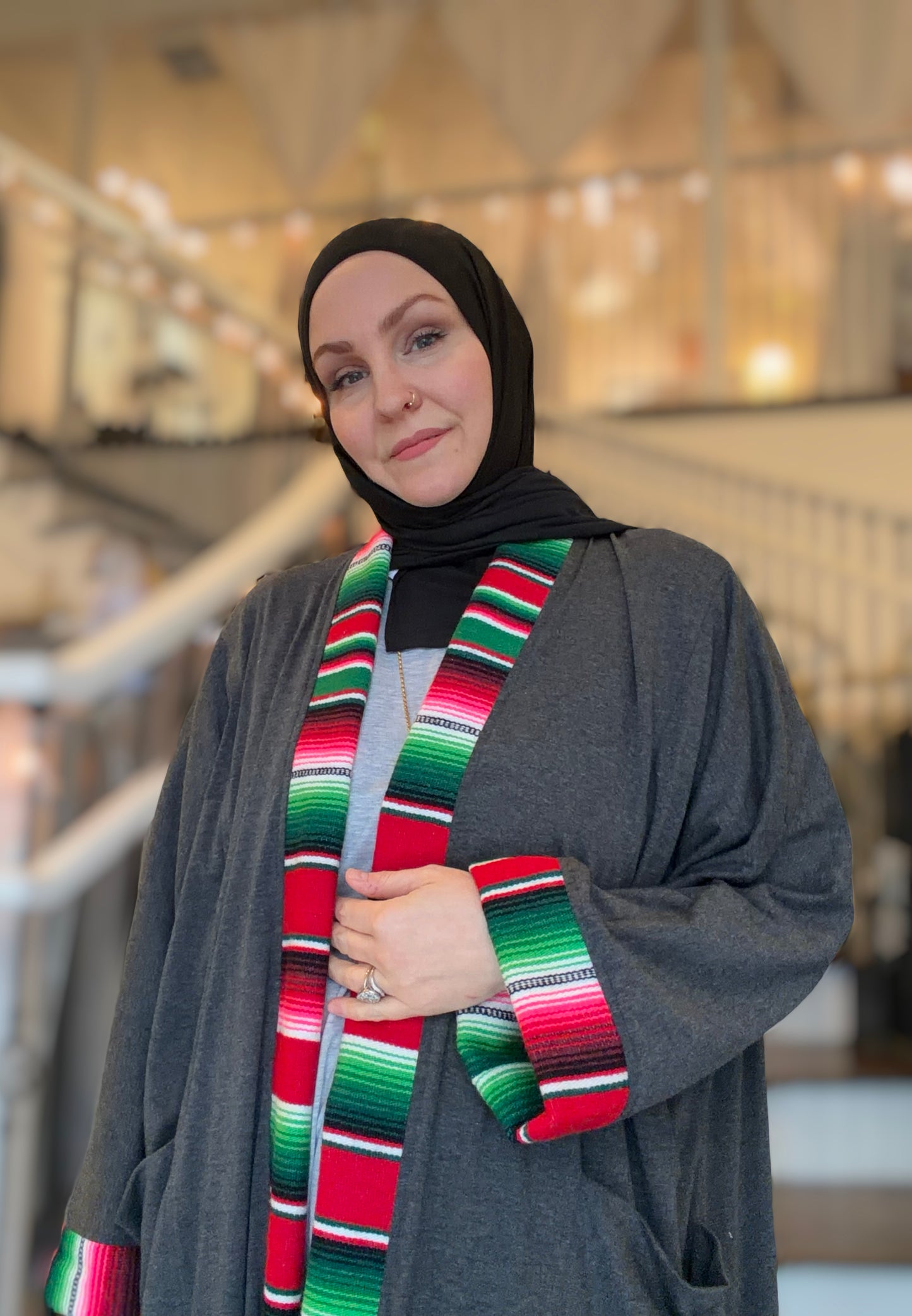 Guadalupe Pocket Charcoal Abaya – Majestic Serape Red & Green
