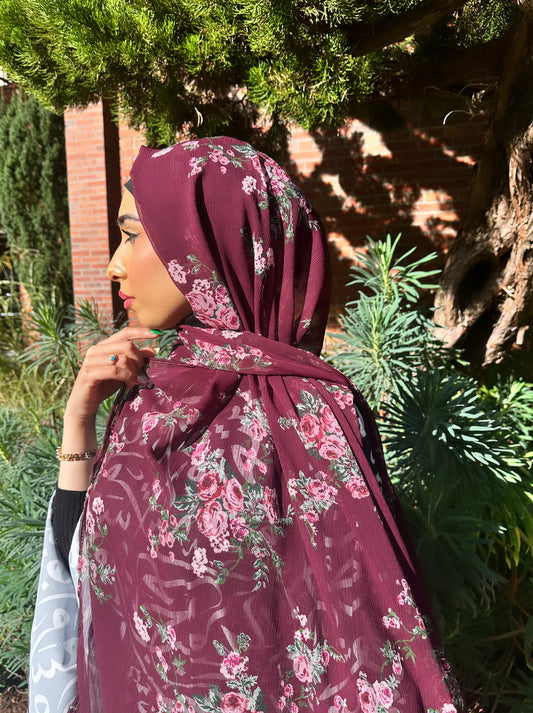 Crinkle Chiffon Hijab: Halal Merlot Floral