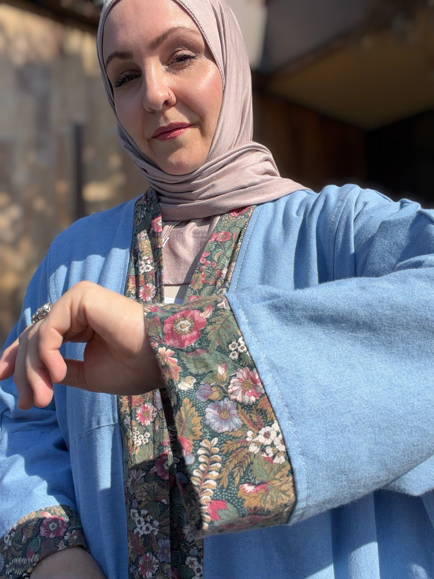 Pocket Anorak Abaya — Denim Wildflower