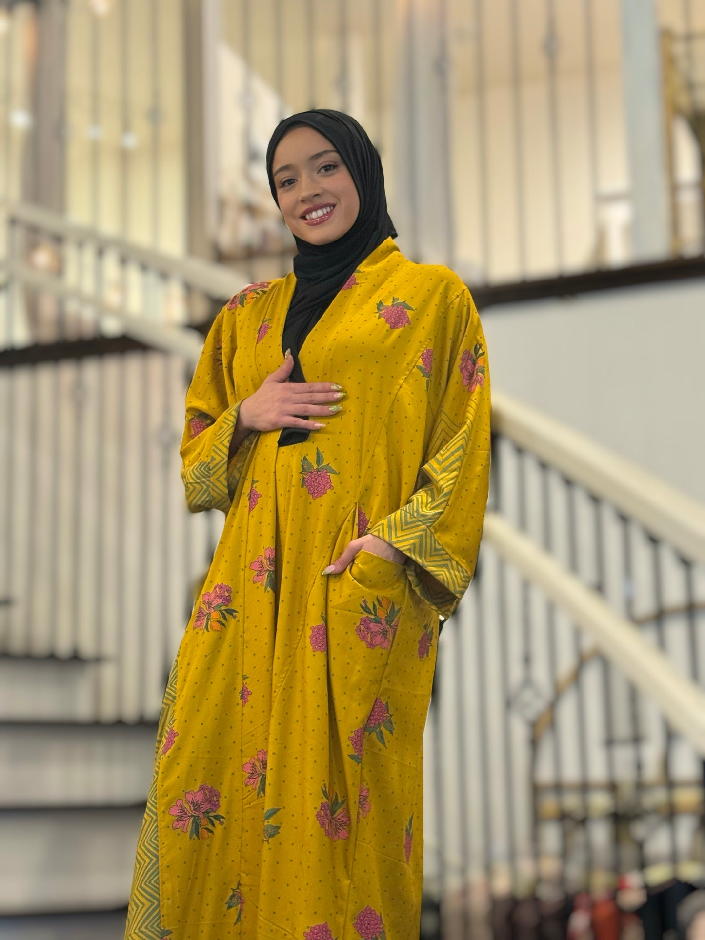 Pocket Anorak Abaya - Golden Hibiscus Bloom
