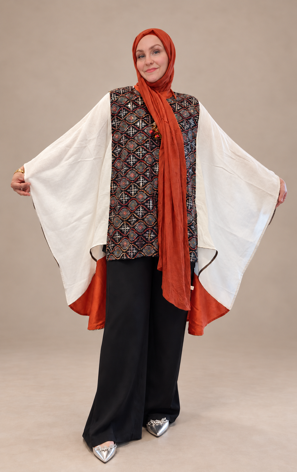 Layali Embellished High-Low Tunic — White & Orange