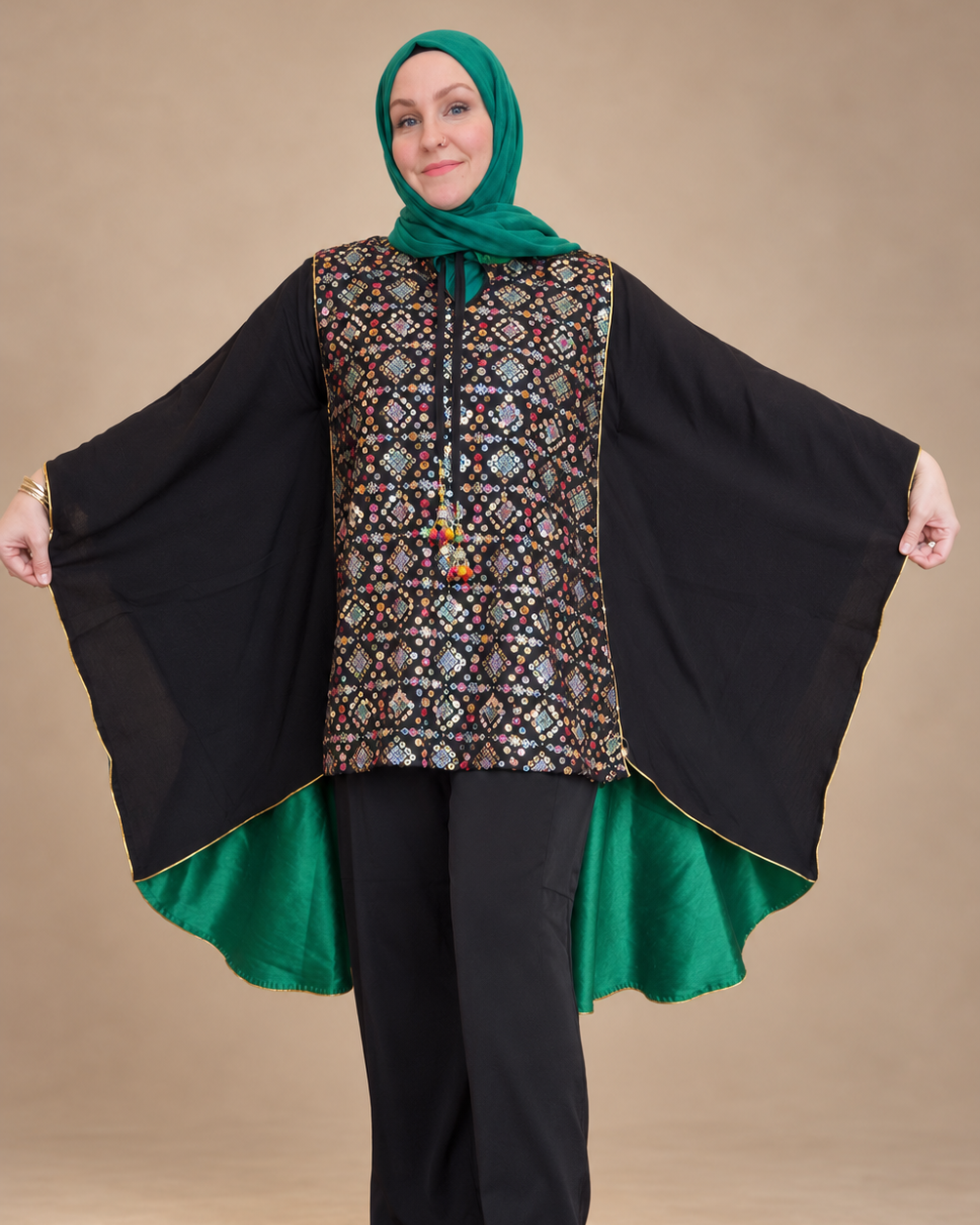 Layali Embellished High-Low Tunic — Black & Vibrant Green