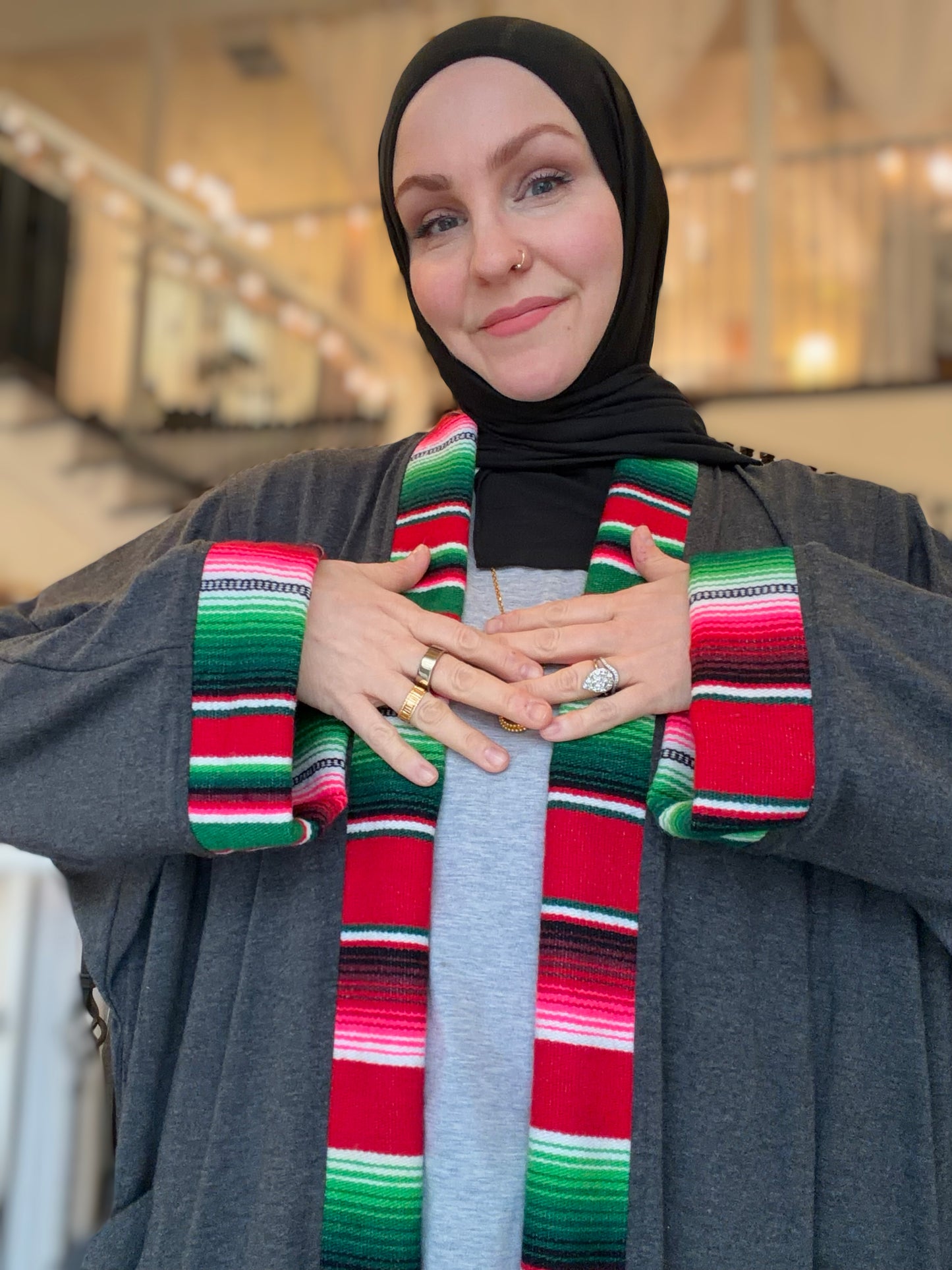 Guadalupe Pocket Charcoal Abaya – Majestic Serape Red & Green