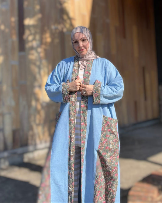 Pocket Anorak Abaya — Denim Wildflower