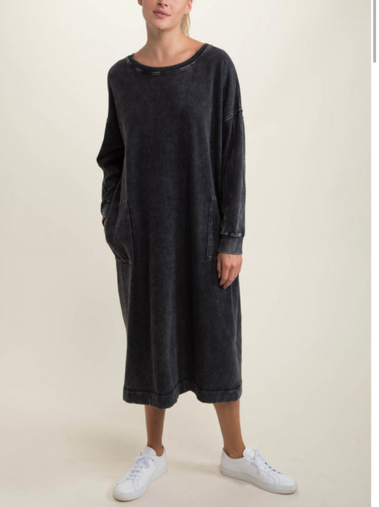 Mineral Washed Long-Sleeve Lounge Tunic Dress - Distressed Black