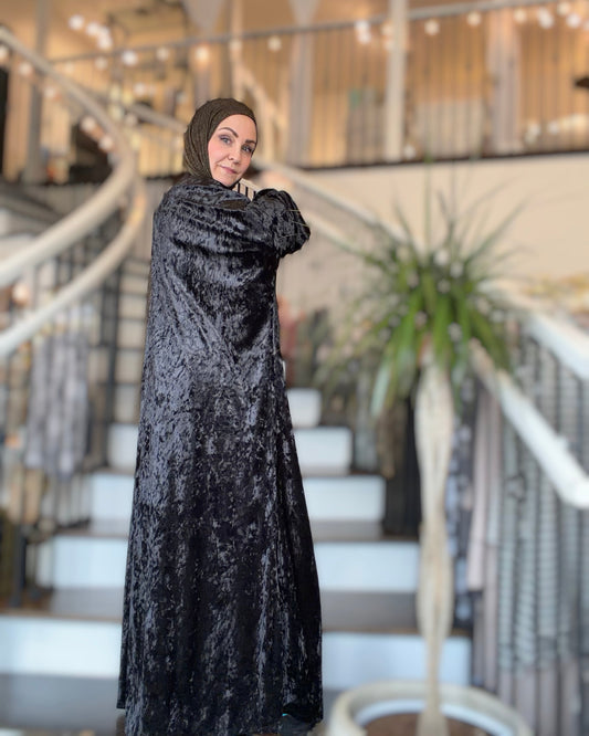 Power Silhouette Abaya - Blackest Crushed Stretch Velvet