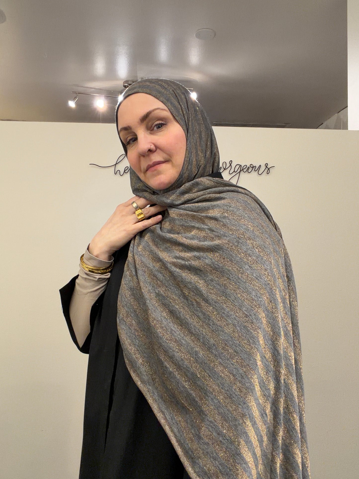 Metallic Tissue Jersey Hijab: Gilded Charcoal