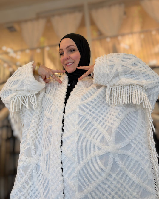Up-cycled Nour Abaya - Ivory Heirloom Fringe