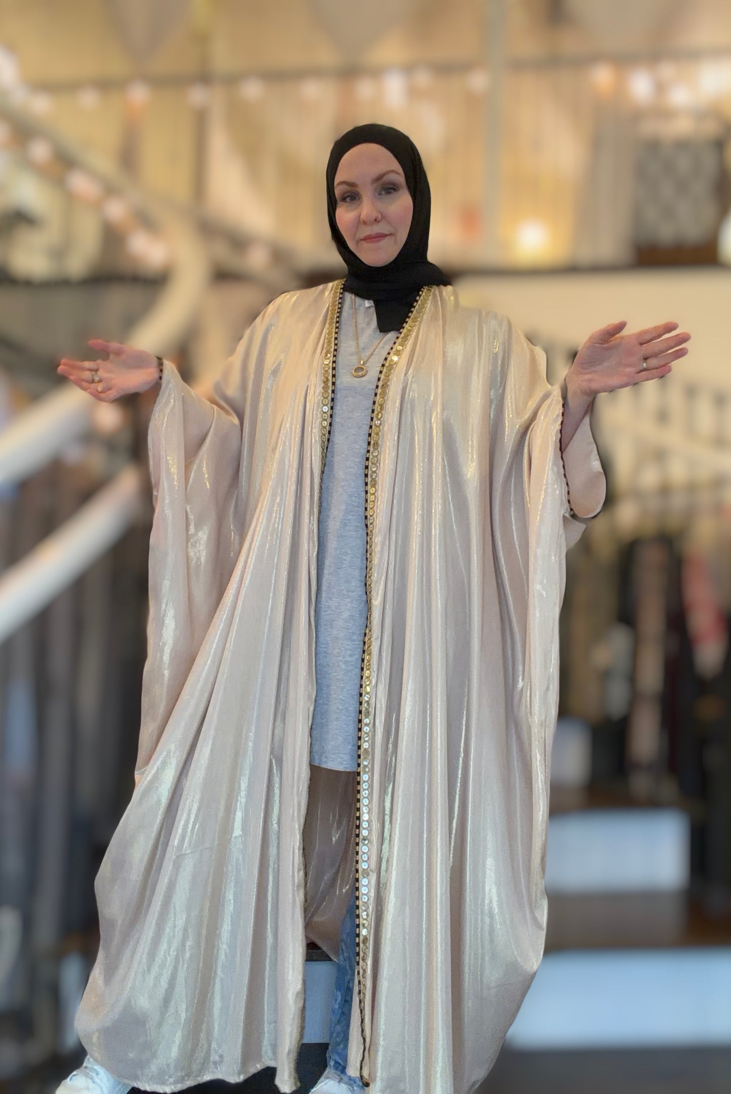 Metallic Oversized Abaya: Black & Gold on Beige