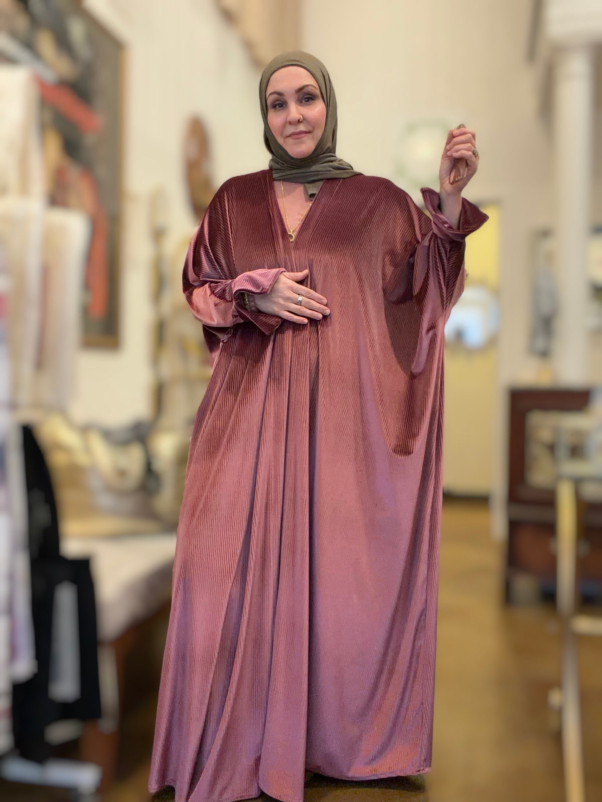 Power Silhouette Abaya - Deep Rose Ribbed Stretch Velvet
