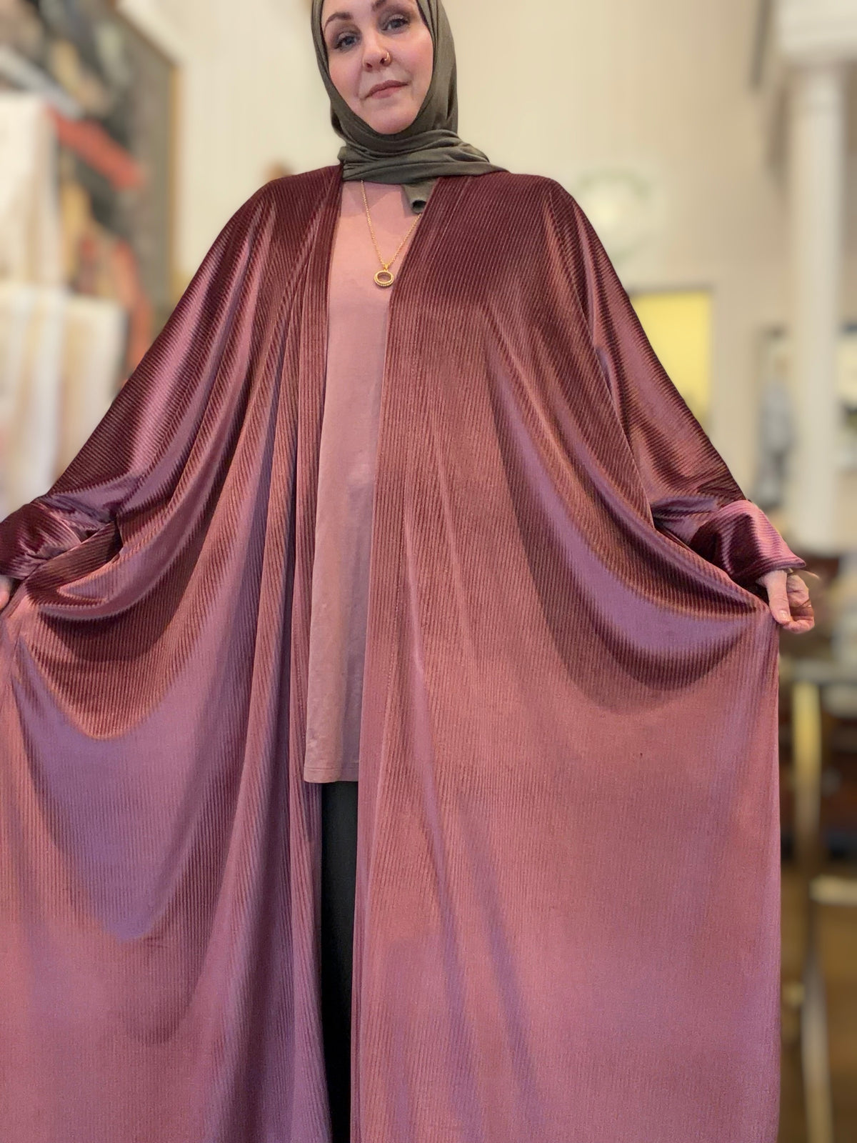 Power Silhouette Abaya - Deep Rose Ribbed Stretch Velvet