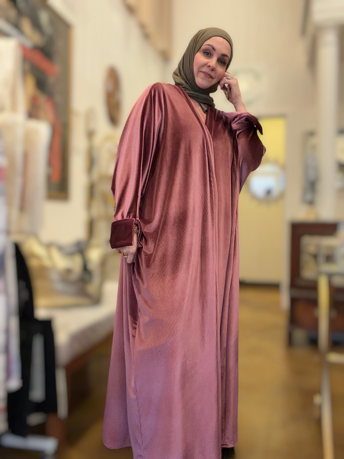 Power Silhouette Abaya - Deep Rose Ribbed Stretch Velvet