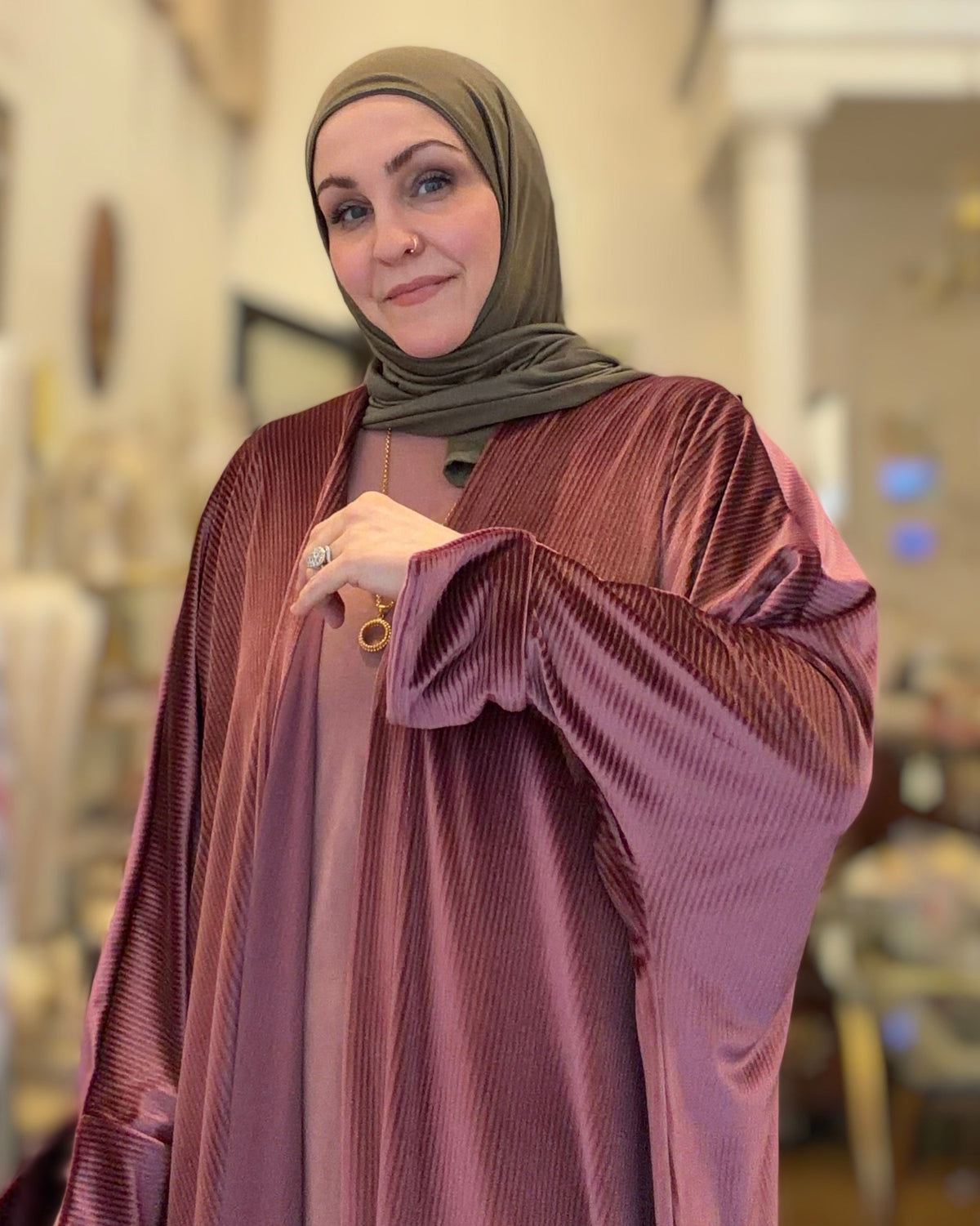 Power Silhouette Abaya - Deep Rose Ribbed Stretch Velvet