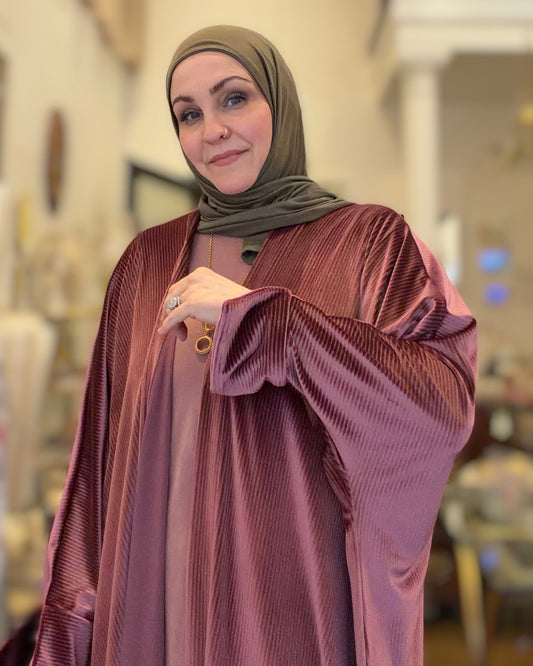 Power Silhouette Abaya - Deep Rose Ribbed Stretch Velvet
