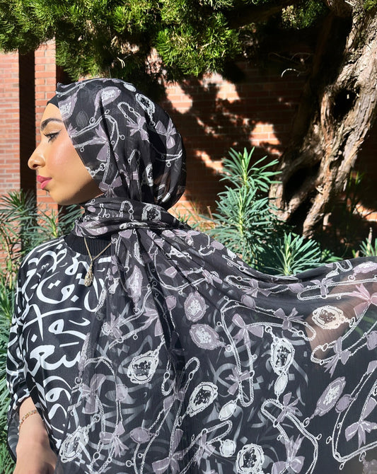 Crinkle Chiffon Hijab:  Black Bows and Cameos