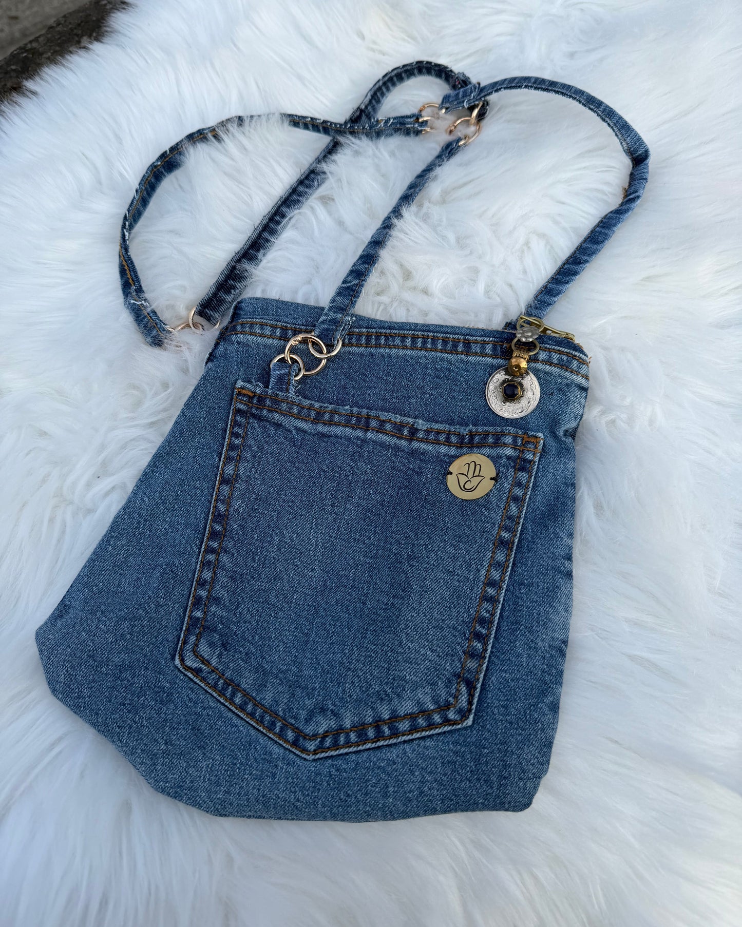 The Pocket Story Mini — Saffron Bloom | Upcycled Denim Convertible Bag