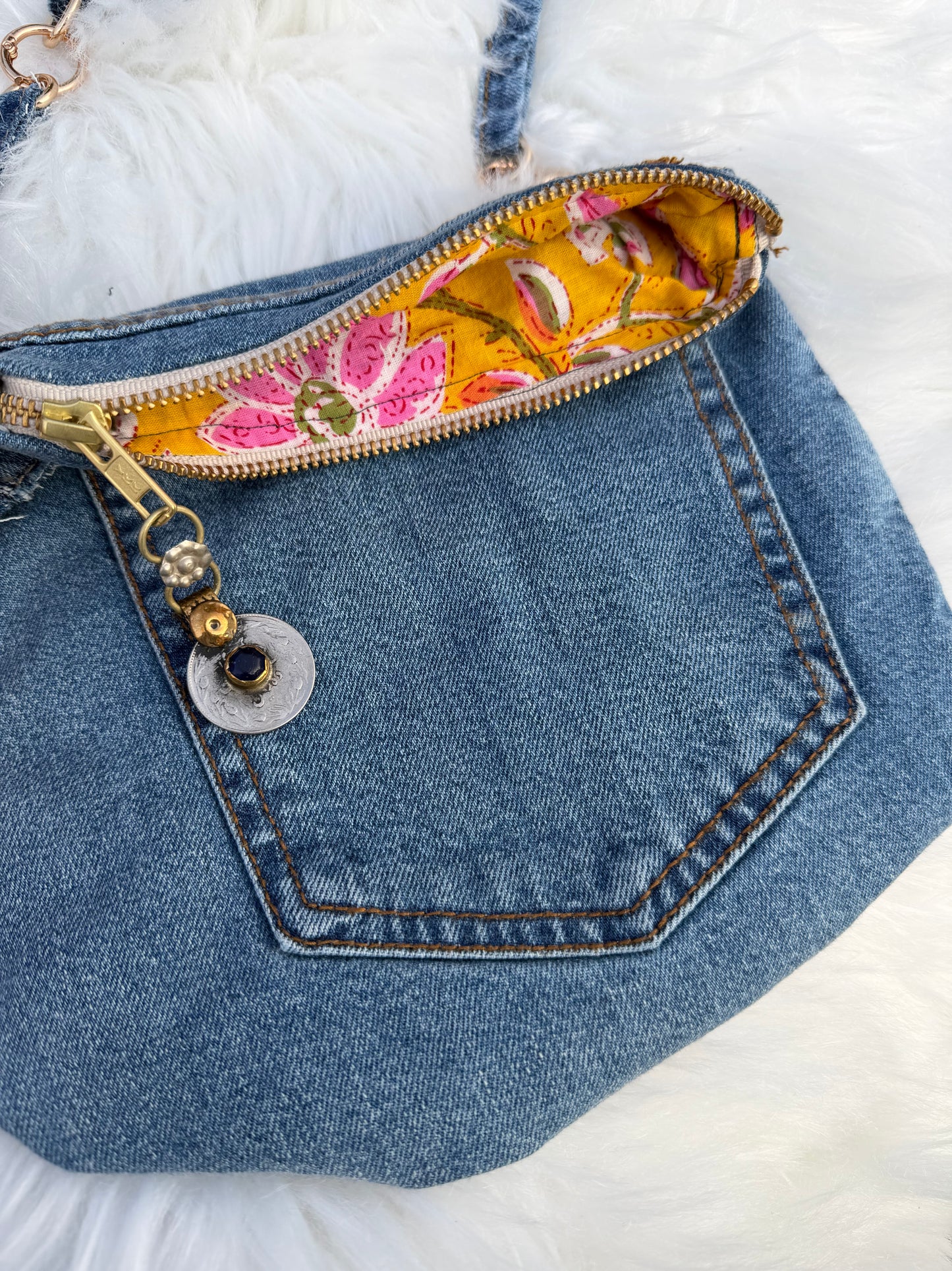 The Pocket Story Mini — Saffron Bloom | Upcycled Denim Convertible Bag