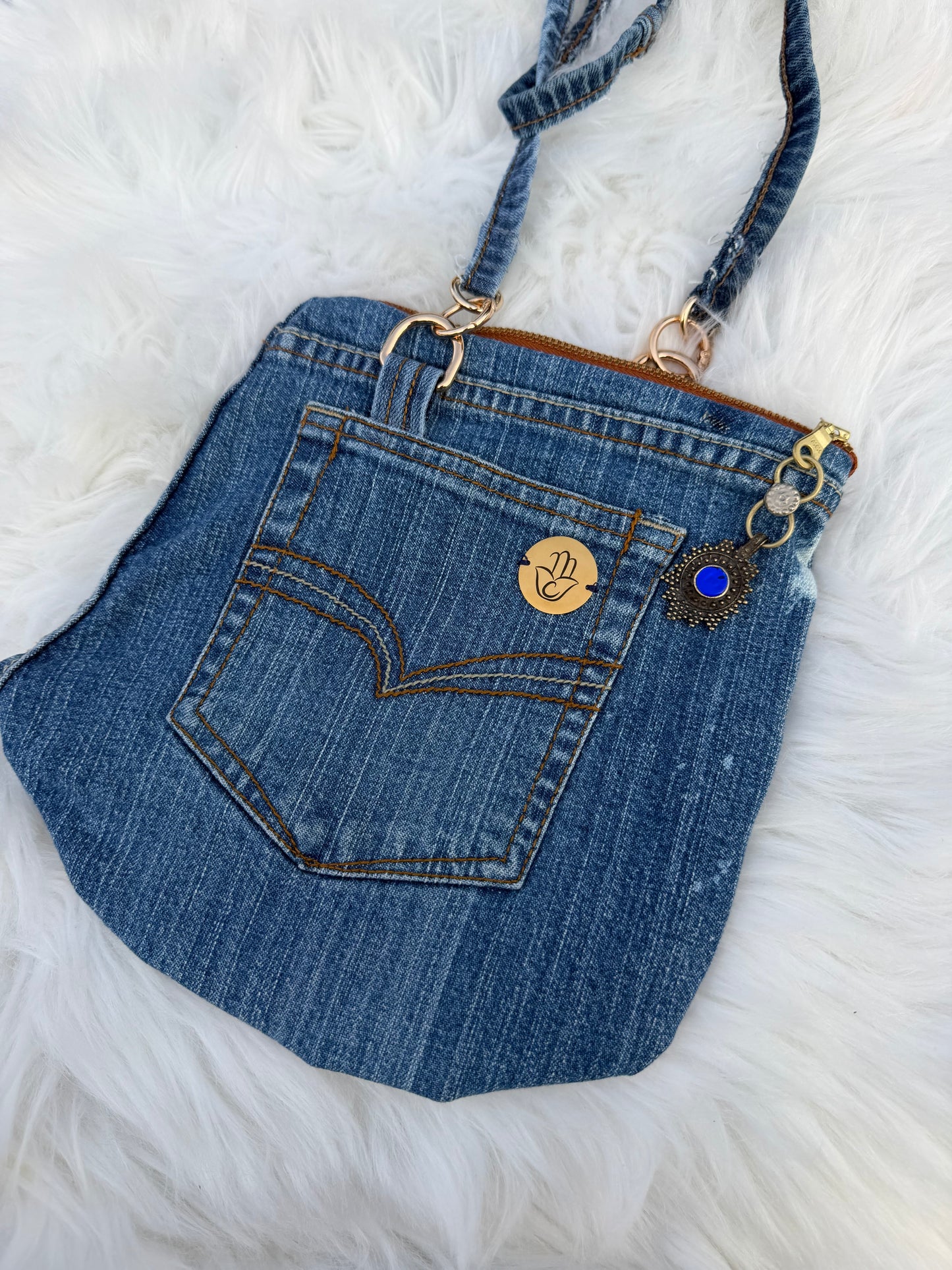 The Pocket Story Mini — Saffron Bloom, Light Wash | Upcycled Denim Convertible Bag