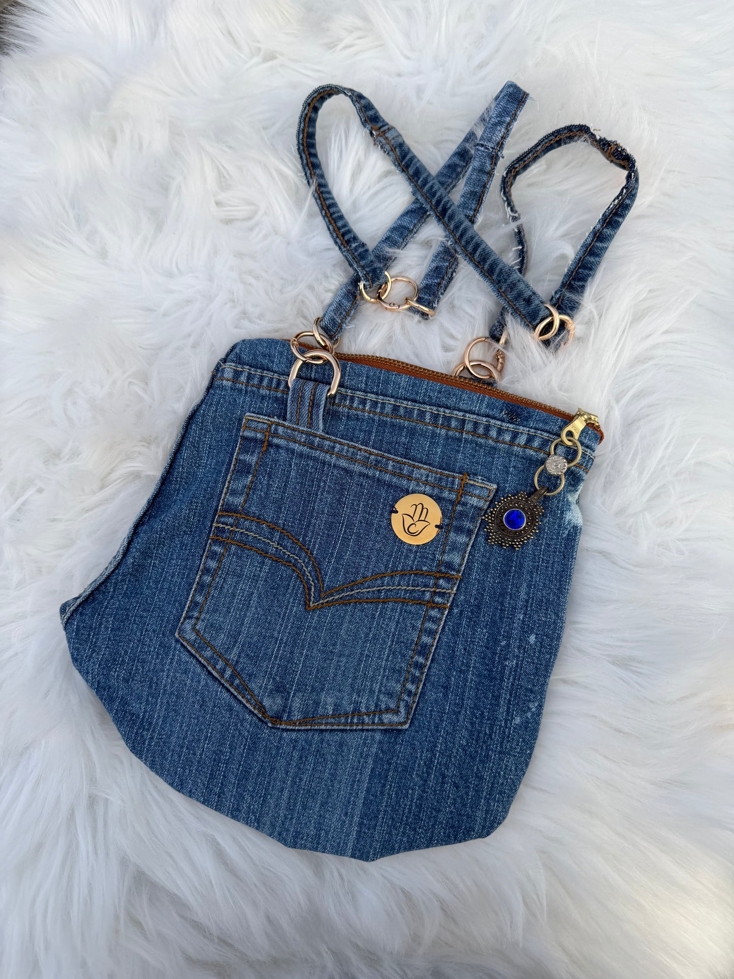 The Pocket Story Mini — Saffron Bloom, Light Wash | Upcycled Denim Convertible Bag