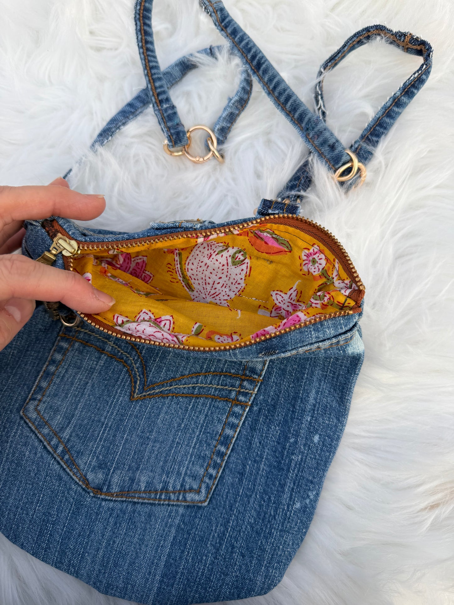 The Pocket Story Mini — Saffron Bloom, Light Wash | Upcycled Denim Convertible Bag