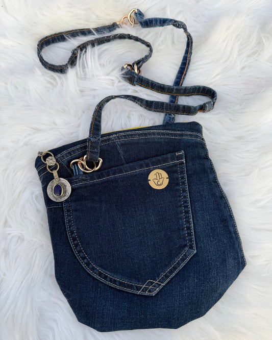 The Pocket Story Mini — Desert Rhythm, Dark Wash | Upcycled Denim Convertible Bag