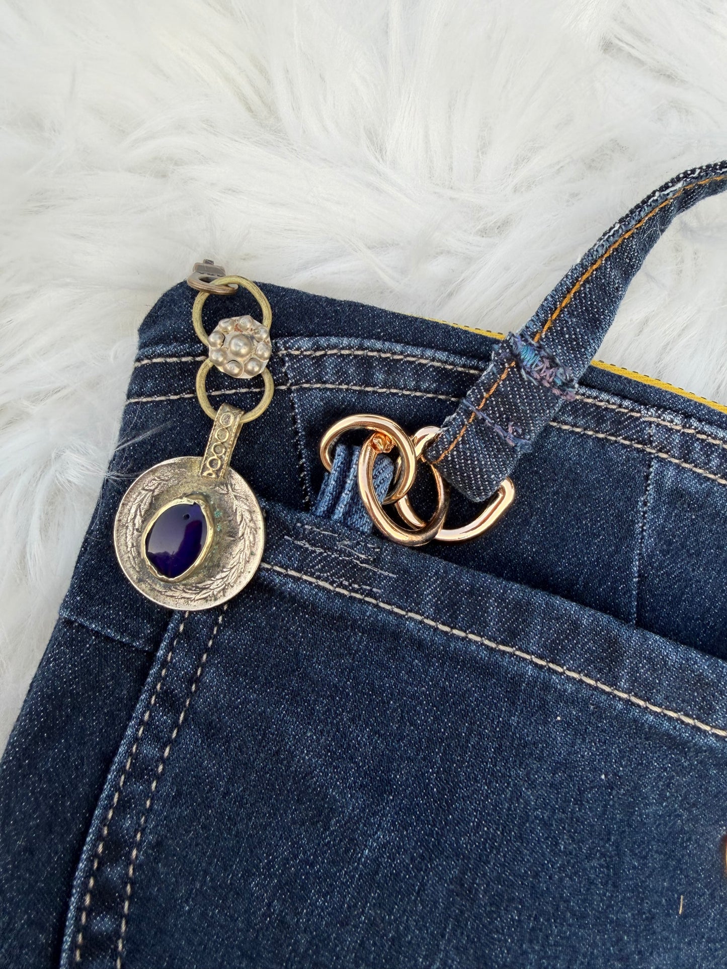The Pocket Story Mini — Desert Rhythm, Dark Wash | Upcycled Denim Convertible Bag