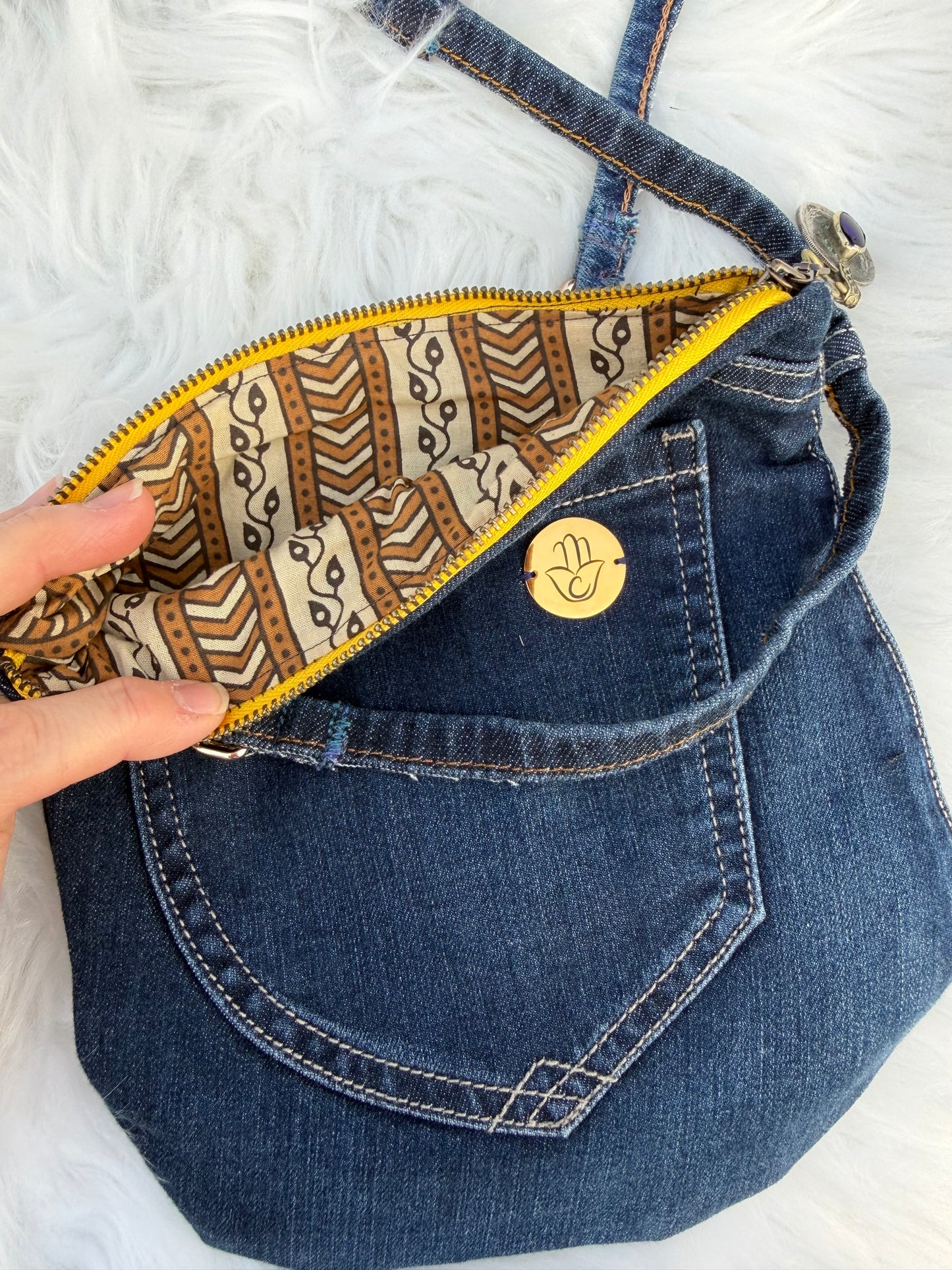 The Pocket Story Mini — Desert Rhythm, Dark Wash | Upcycled Denim Convertible Bag