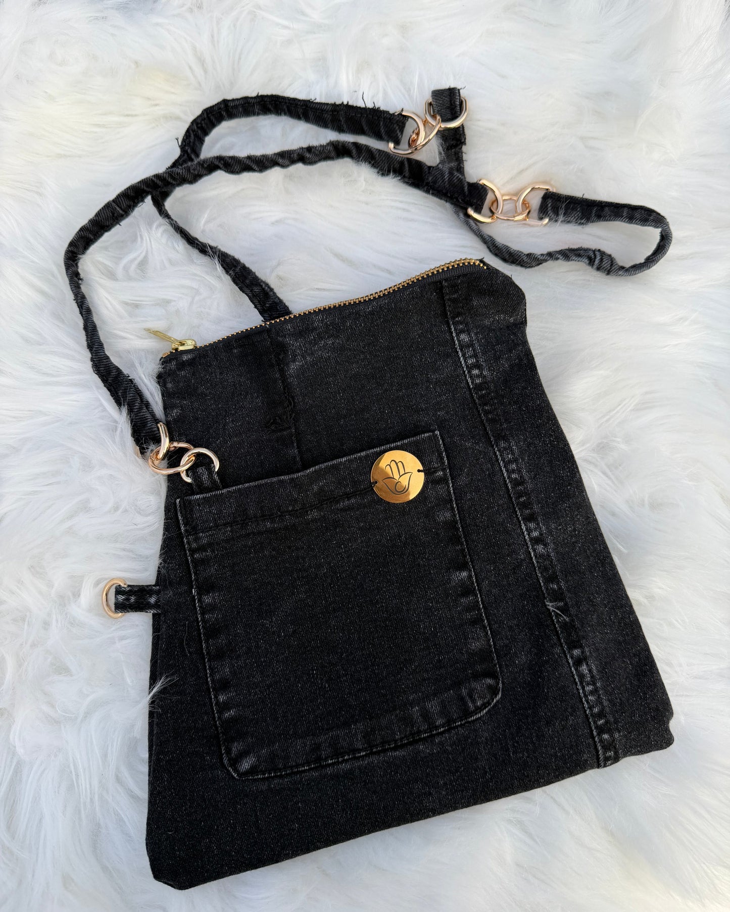 The Pocket Story Mini — Watermelon Resistance, Black Wash | Upcycled Denim Convertible Bag