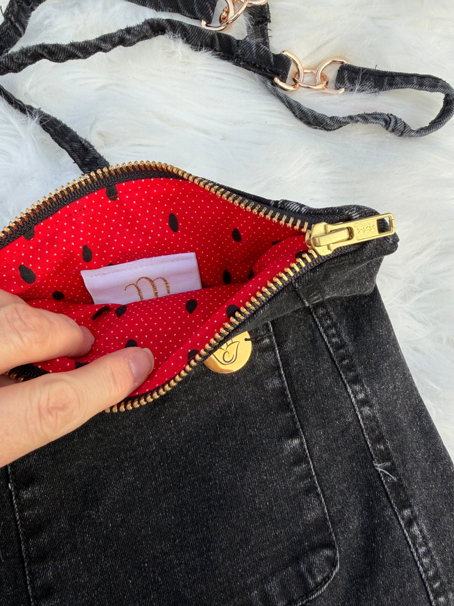 The Pocket Story Mini — Watermelon Resistance, Black Wash | Upcycled Denim Convertible Bag