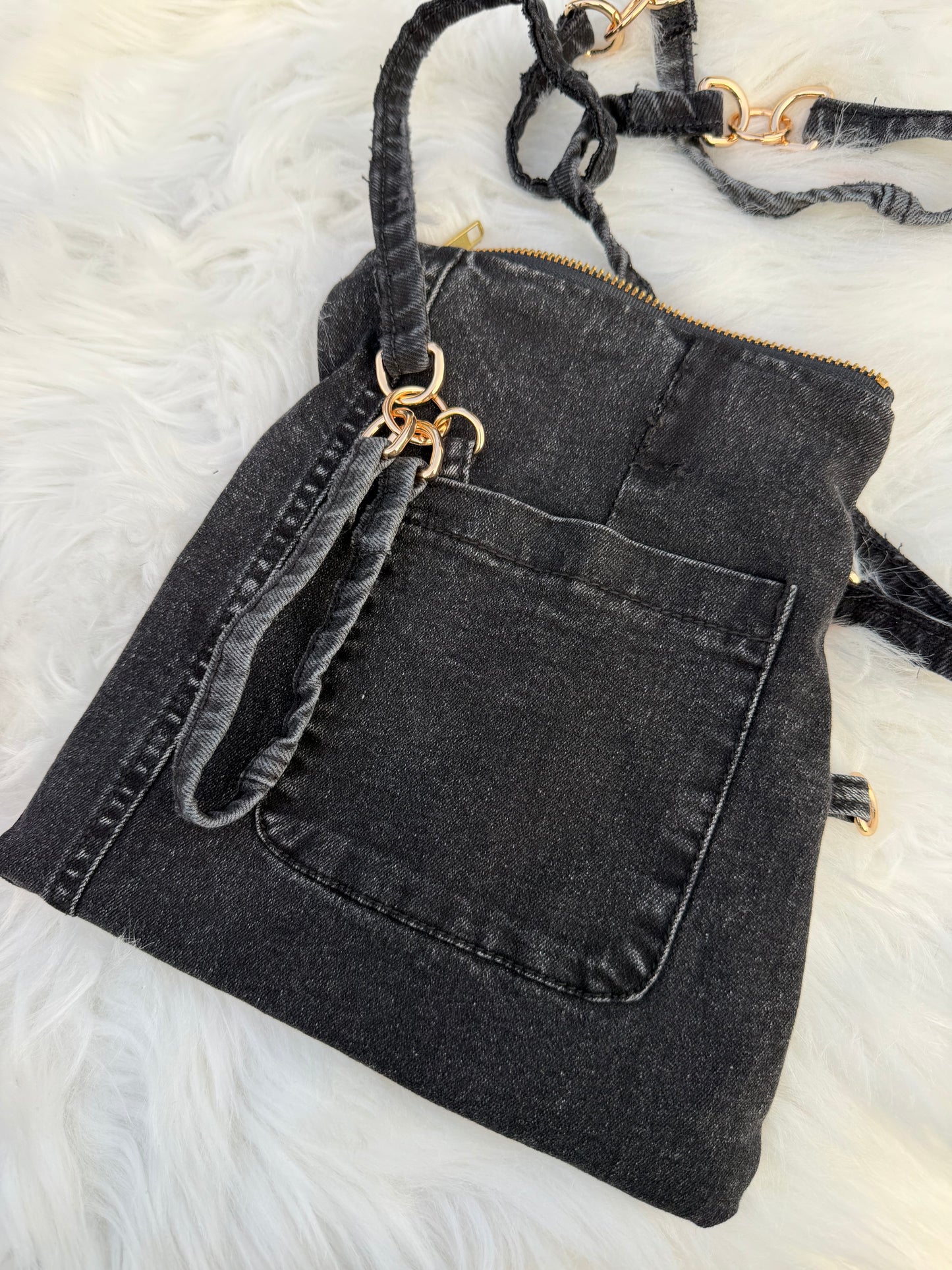 The Pocket Story Mini — Watermelon Resistance, Black Wash | Upcycled Denim Convertible Bag