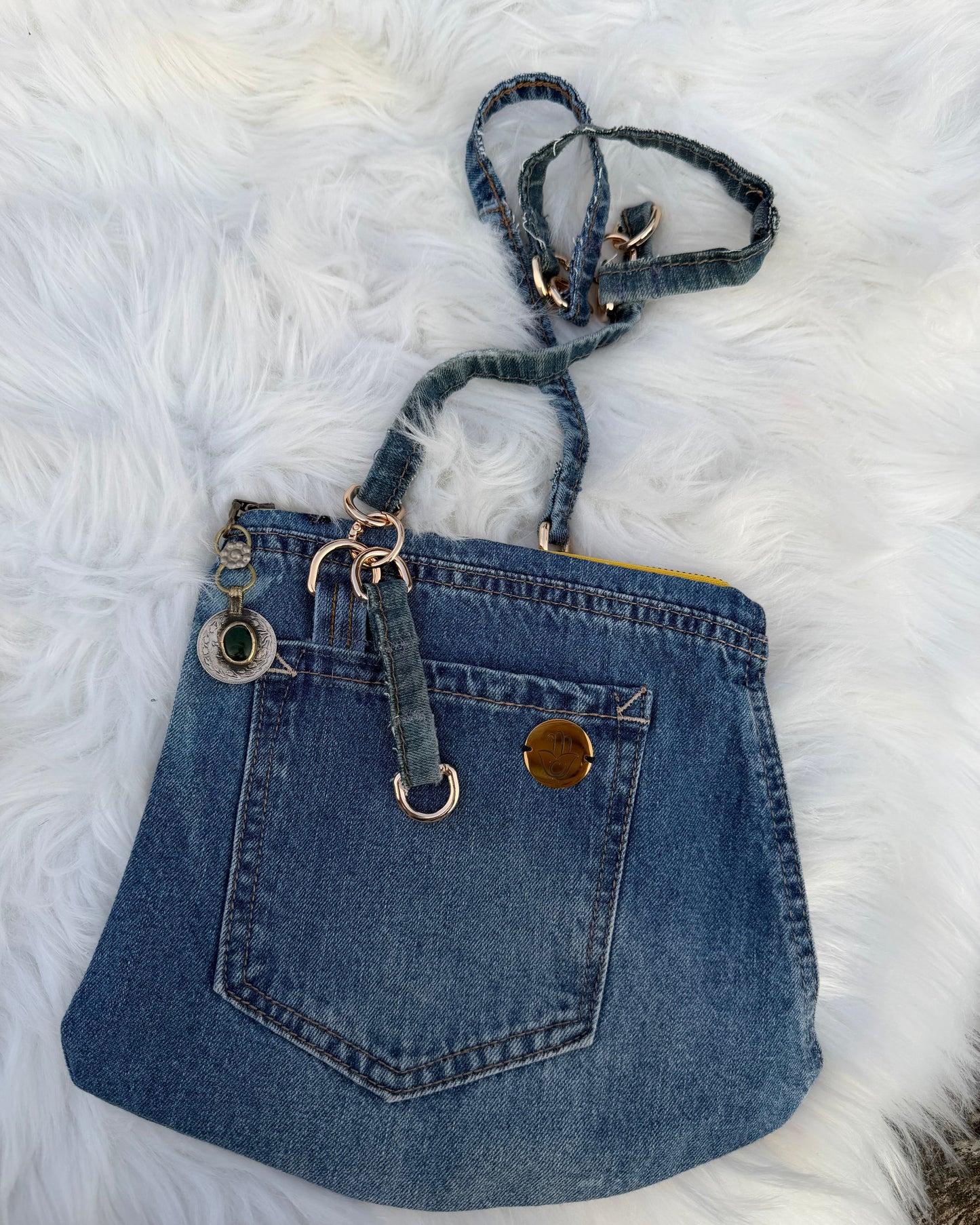The Pocket Story Mini — Mosaic Souq, Medium Wash + Yellow Zip | Upcycled Denim Convertible Bag