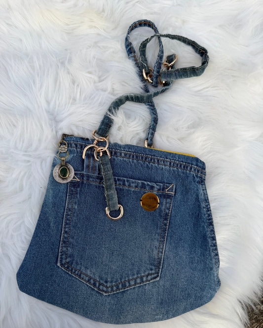 The Pocket Story Mini — Mosaic Souq, Medium Wash + Yellow Zip | Upcycled Denim Convertible Bag