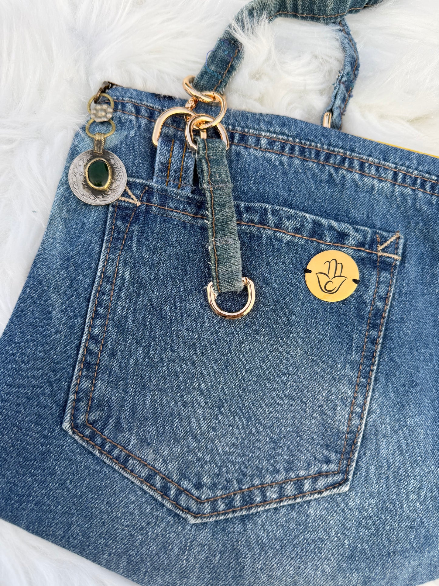 The Pocket Story Mini — Mosaic Souq, Medium Wash + Yellow Zip | Upcycled Denim Convertible Bag