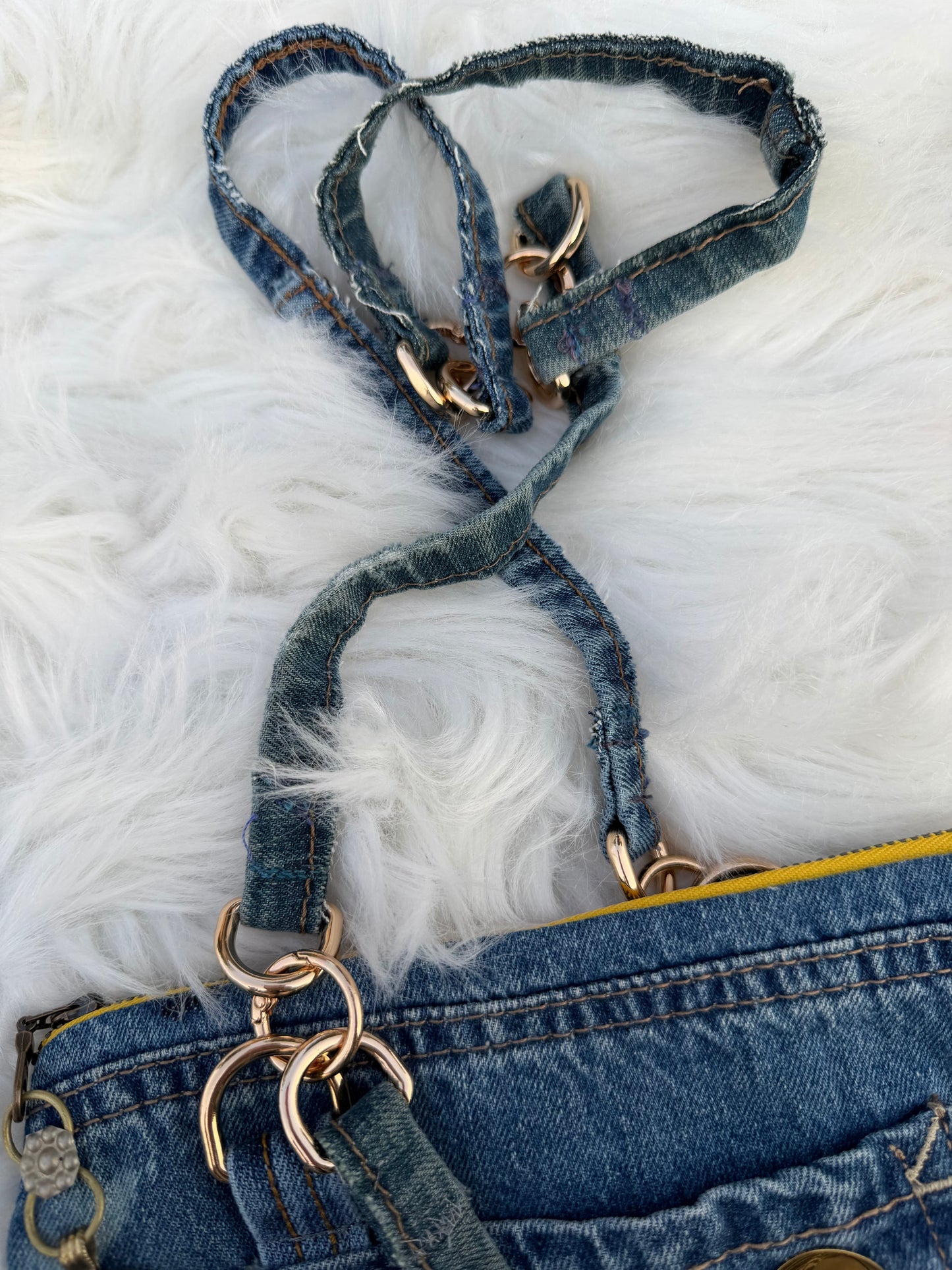 The Pocket Story Mini — Mosaic Souq, Medium Wash + Yellow Zip | Upcycled Denim Convertible Bag