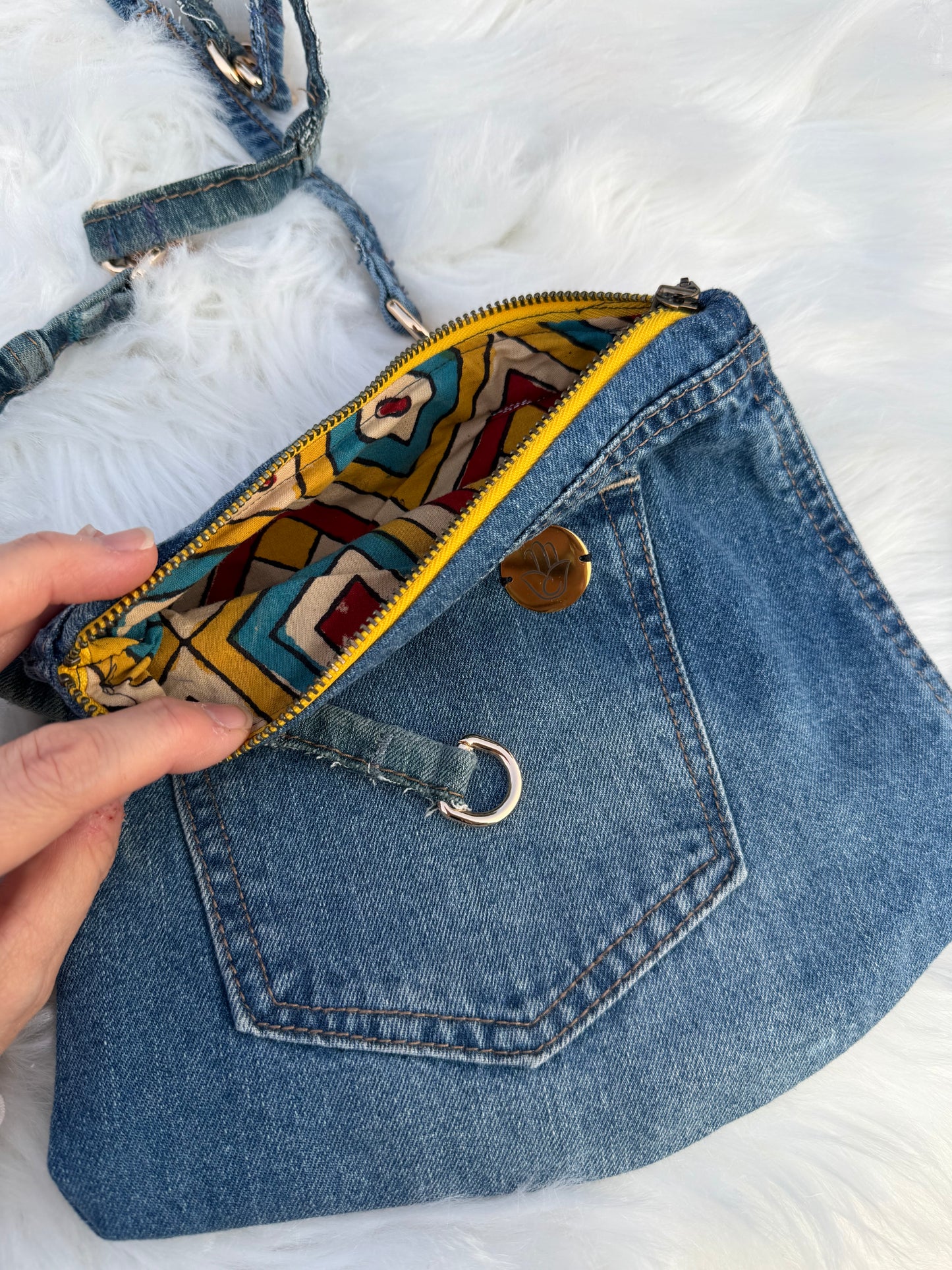 The Pocket Story Mini — Mosaic Souq, Medium Wash + Yellow Zip | Upcycled Denim Convertible Bag