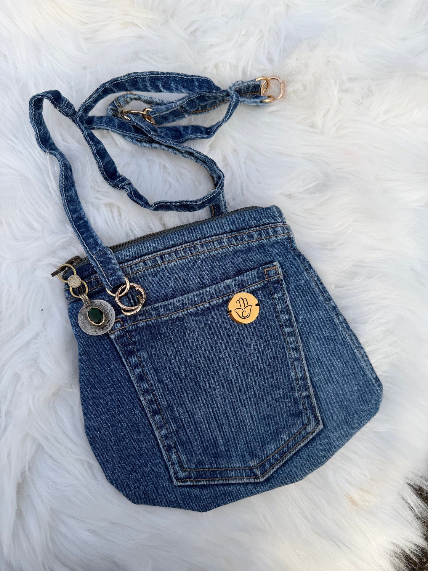 The Pocket Story Mini — Mosaic Souq, Medium Wash + Charcoal Zip | Upcycled Denim Convertible Bag